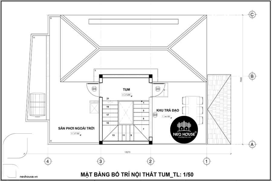 Mặt bằng công năng tầng tum biệt thự phố hiện đại 2 tầng 1 tum