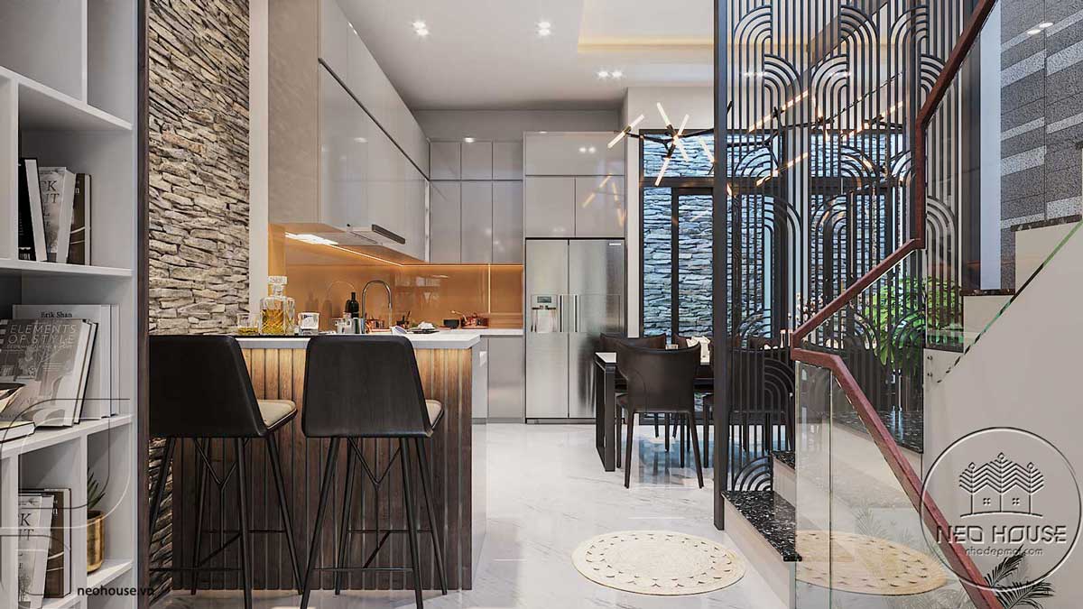 Thiết kế nội thất phòng bếp nhà đẹp 3 tầng 1 tum 4x12m tại Đà Nẵng