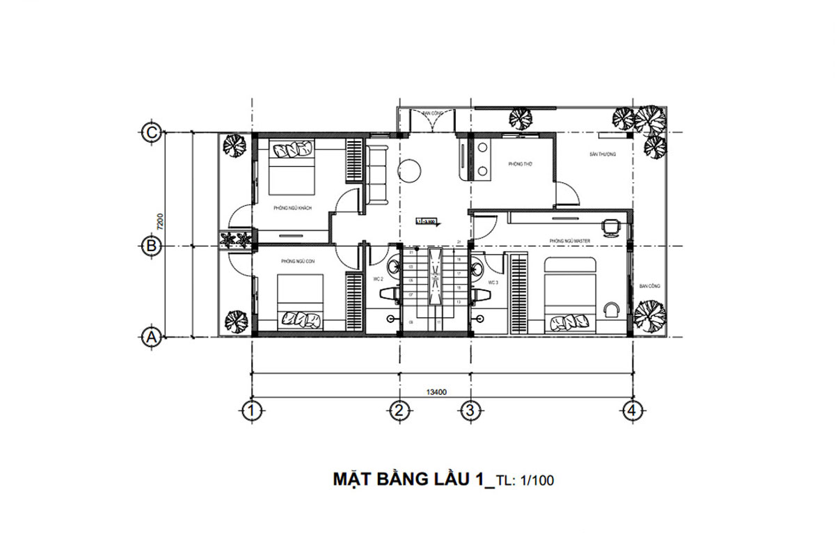 Bản vẽ mặt bằng biệt thự 2 tầng hiện đại với công năng lầu 1