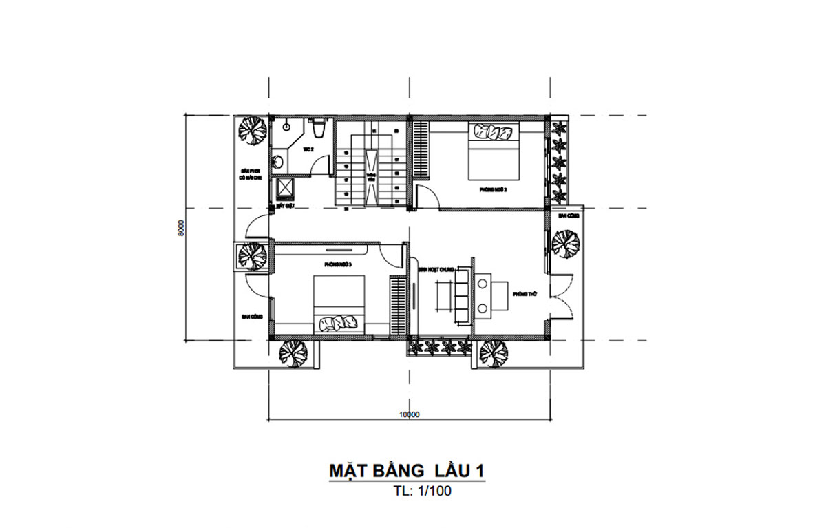 Bản vẽ mặt bằng biệt thự 2 tầng mái bằng với công năng lầu 1