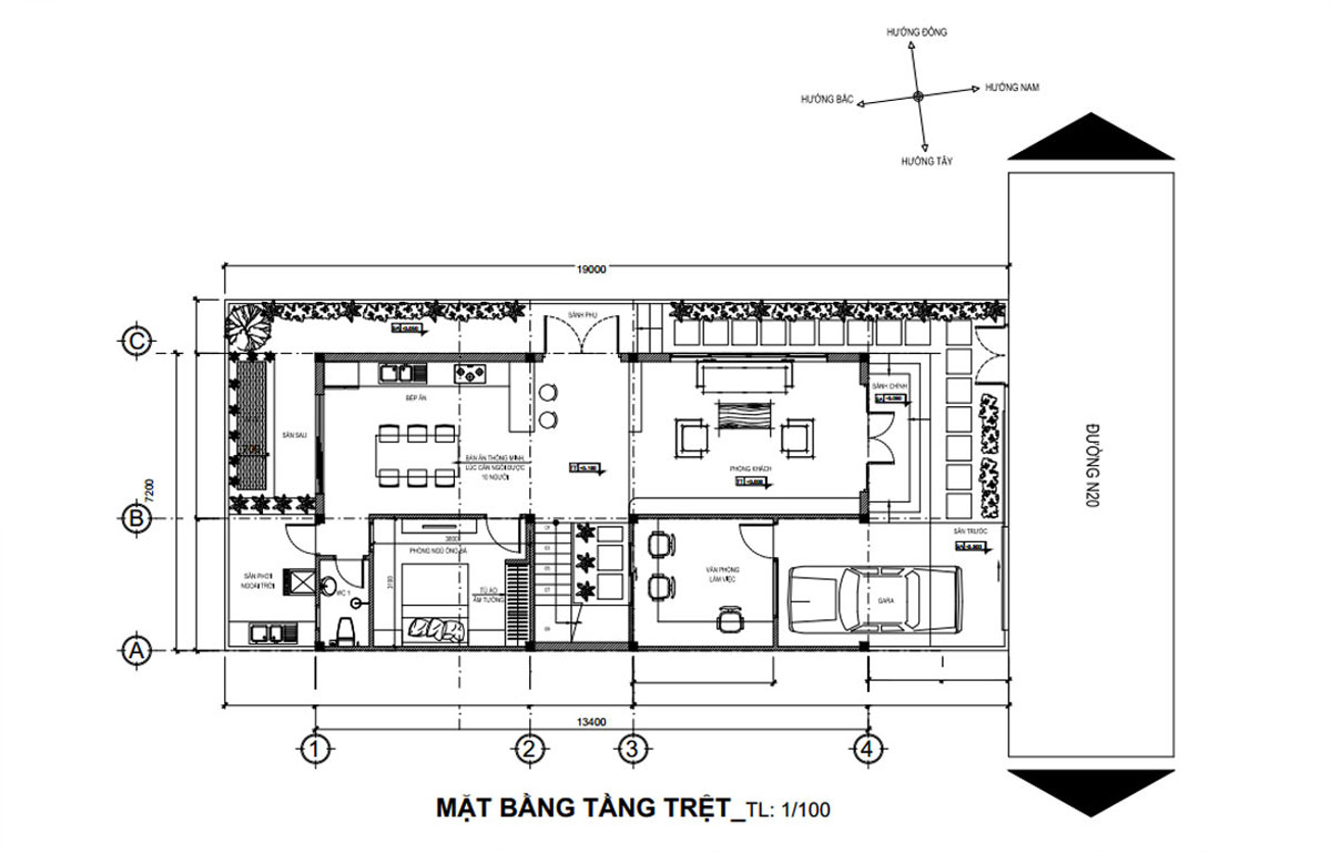 Bản vẽ mặt bằng biệt thự 2 tầng hiện đại với công năng tầng trệt