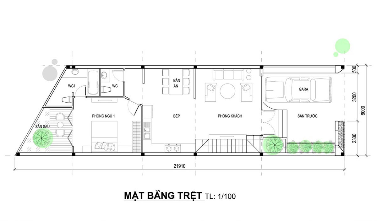 Bản vẽ mặt bằng biệt thự 2 tầng hiện đại với công năng tầng trệt