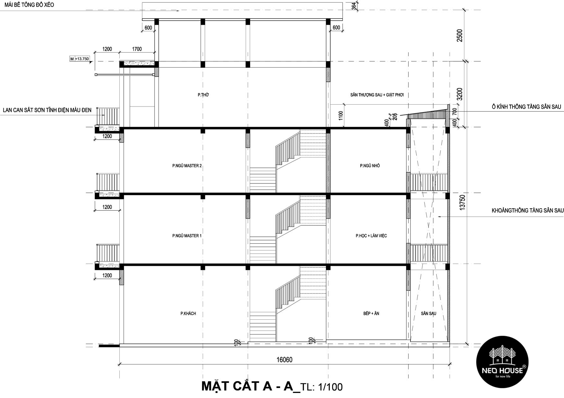 Mặt cắt A-A mẫu nhà phố 3 tầng hiện đại 8x16m