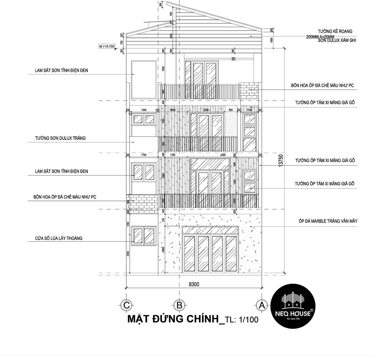 Mặt cắt A-A mẫu nhà phố 3 tầng hiện đại