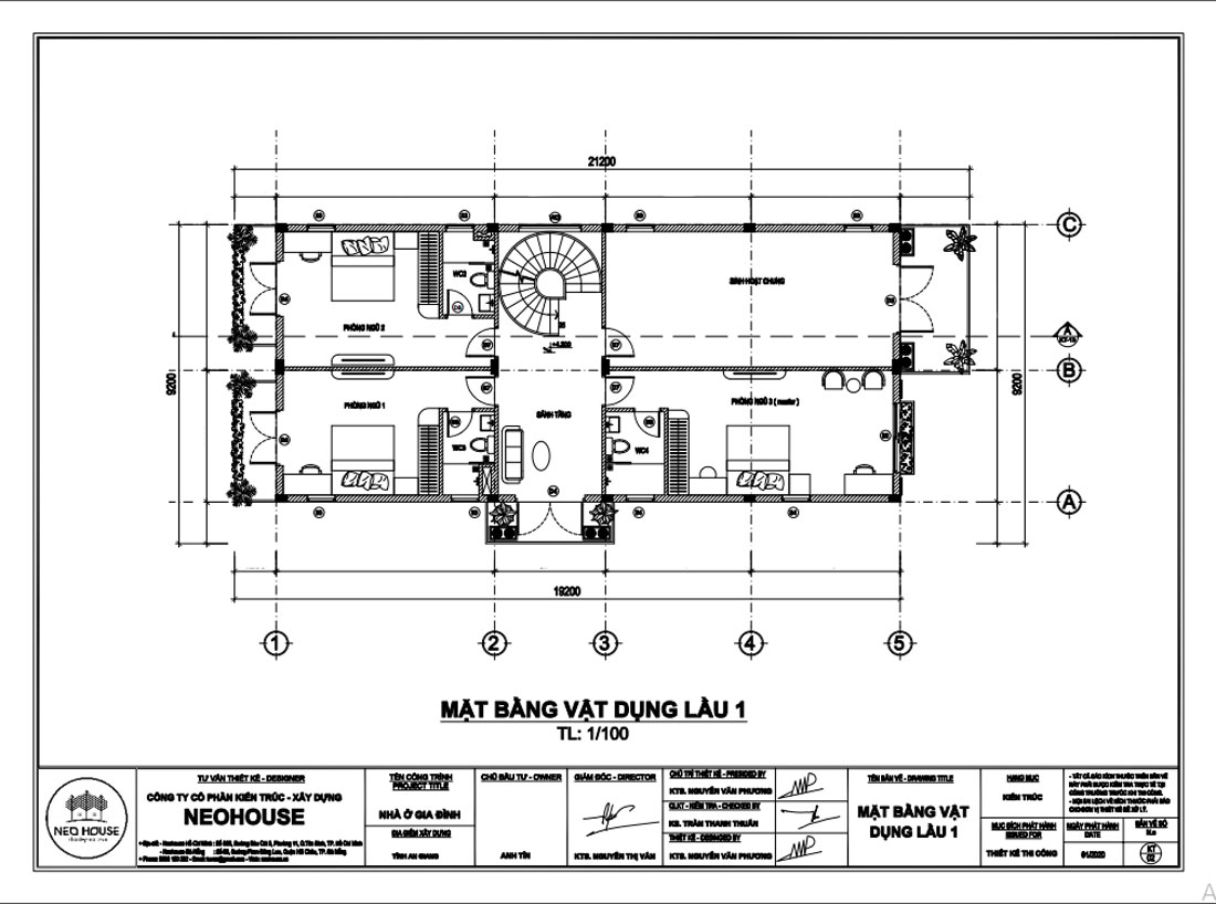 Mặt bằng lầu 1 biệt thự 3 tầng tân cổ điển