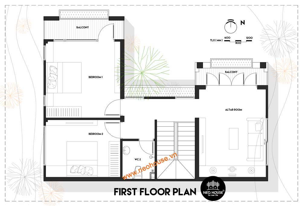 Mặt bằng lầu 1 biệt thự 2 tầng hiện đại diện tích 70m2