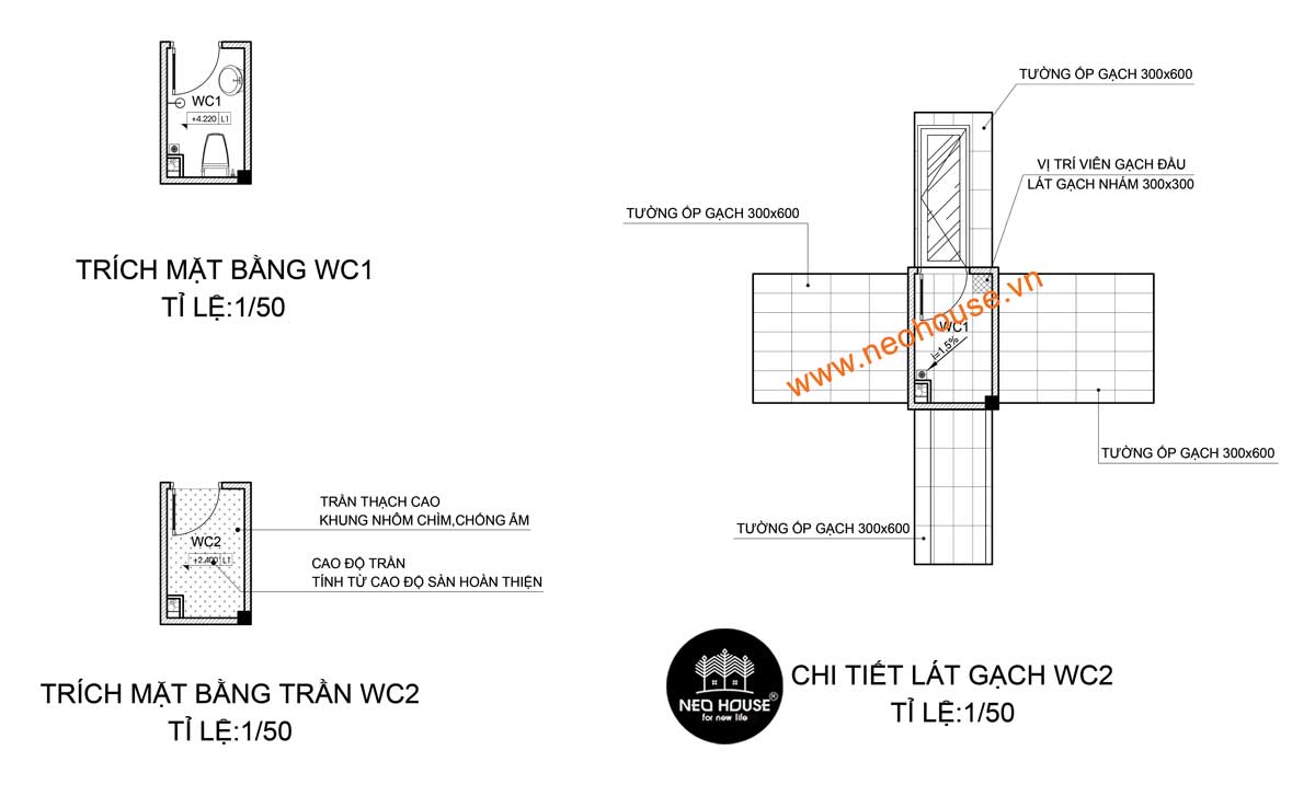 Trích mặt bằng WC1 & mặt bằng WC2 và chi tiết lát gạch WC2