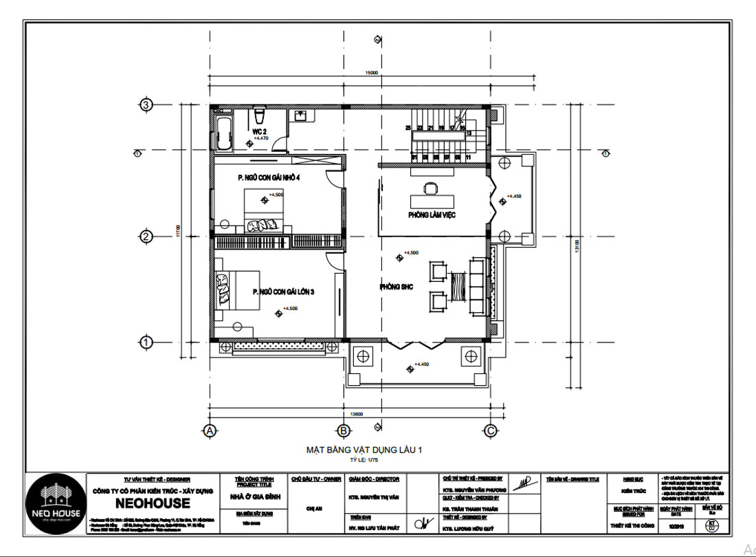 Mặt bằng lầu 1 biệt thự 3 tầng tân cổ điển 4 phòng ngủ