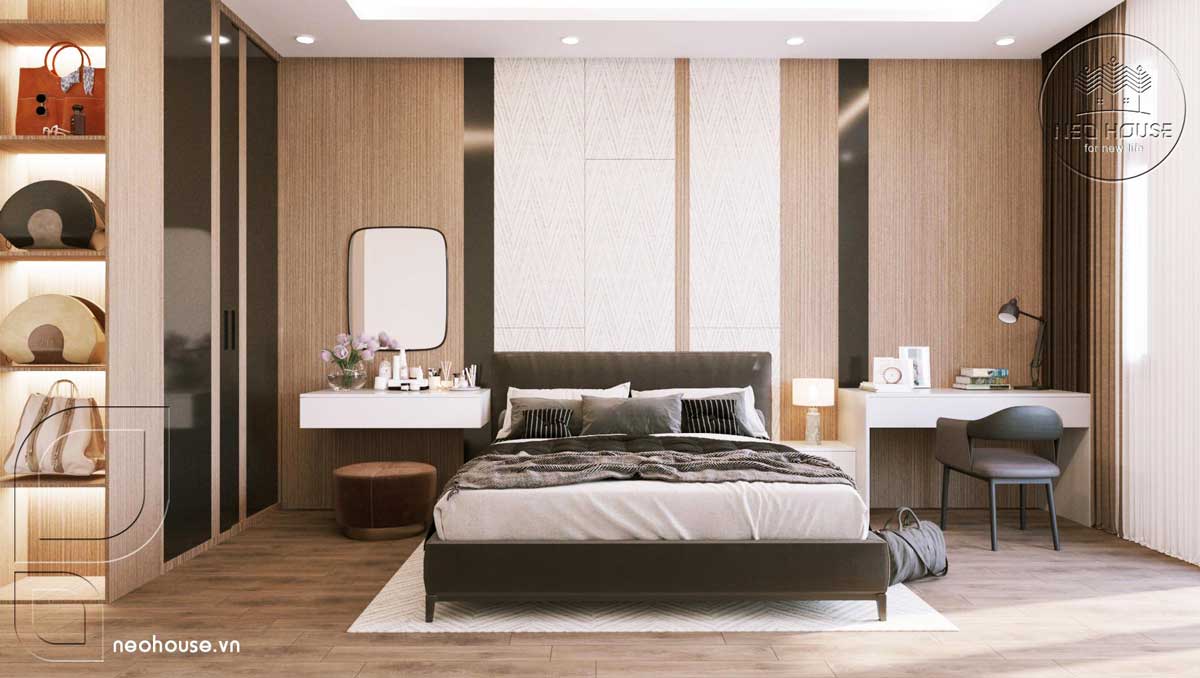 Nội thất phòng ngủ Master mẫu thiết kế mặt tiền nhà phố 2 tầng. Ảnh 1