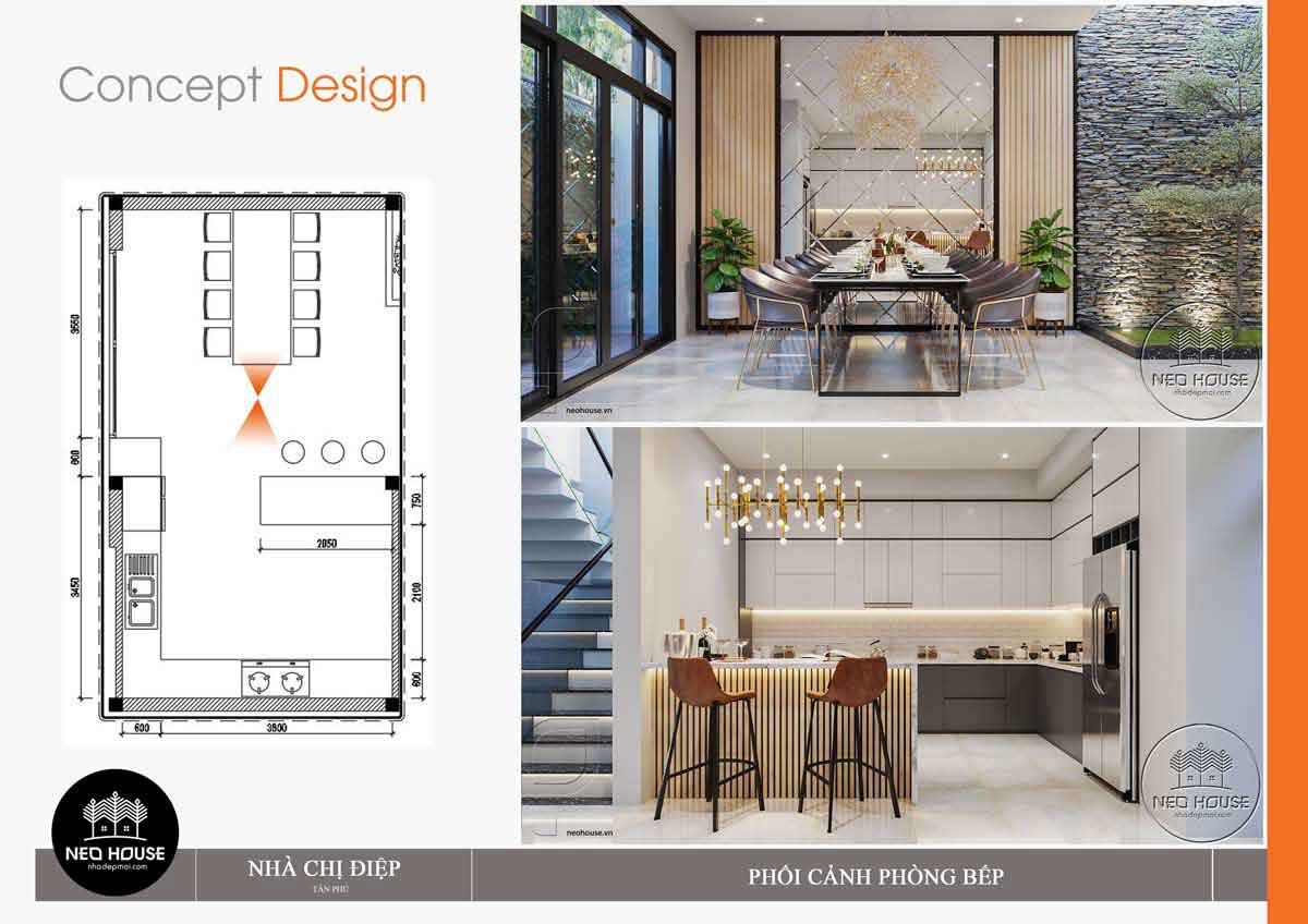 Thiết kế nội thất phòng bếp và khu vực ăn nhà phố mặt tiền 8m