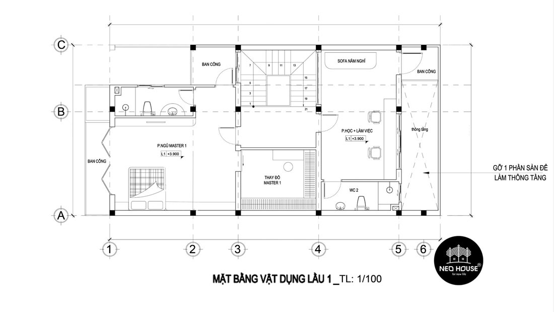 Mặt bằng lầu 1 mẫu nhà phố 3 tầng hiện đại 8x16m