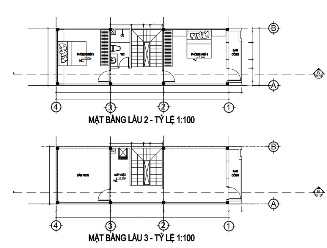 Mặt bằng công năng lầu 2 và lầu 3 nhà phố 4 tầng 80m2