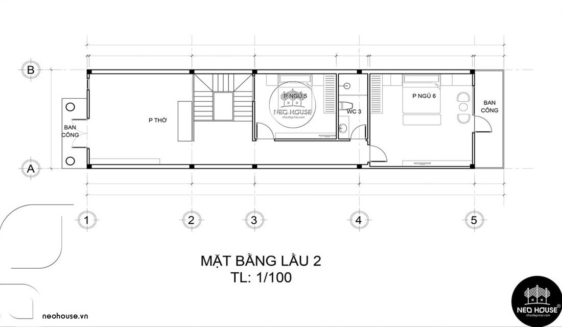 Mặt bằng công năng lầu 2 nhà phố tân cổ điển 3 tầng