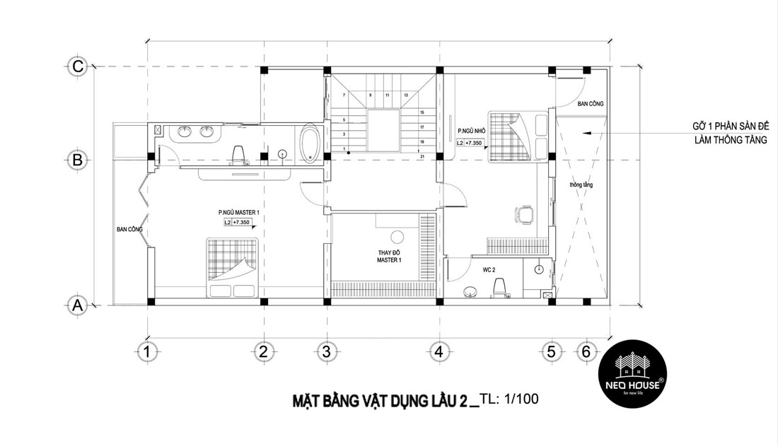 Mặt bằng lầu 2 mẫu nhà phố 3 tầng hiện đại 8x16m