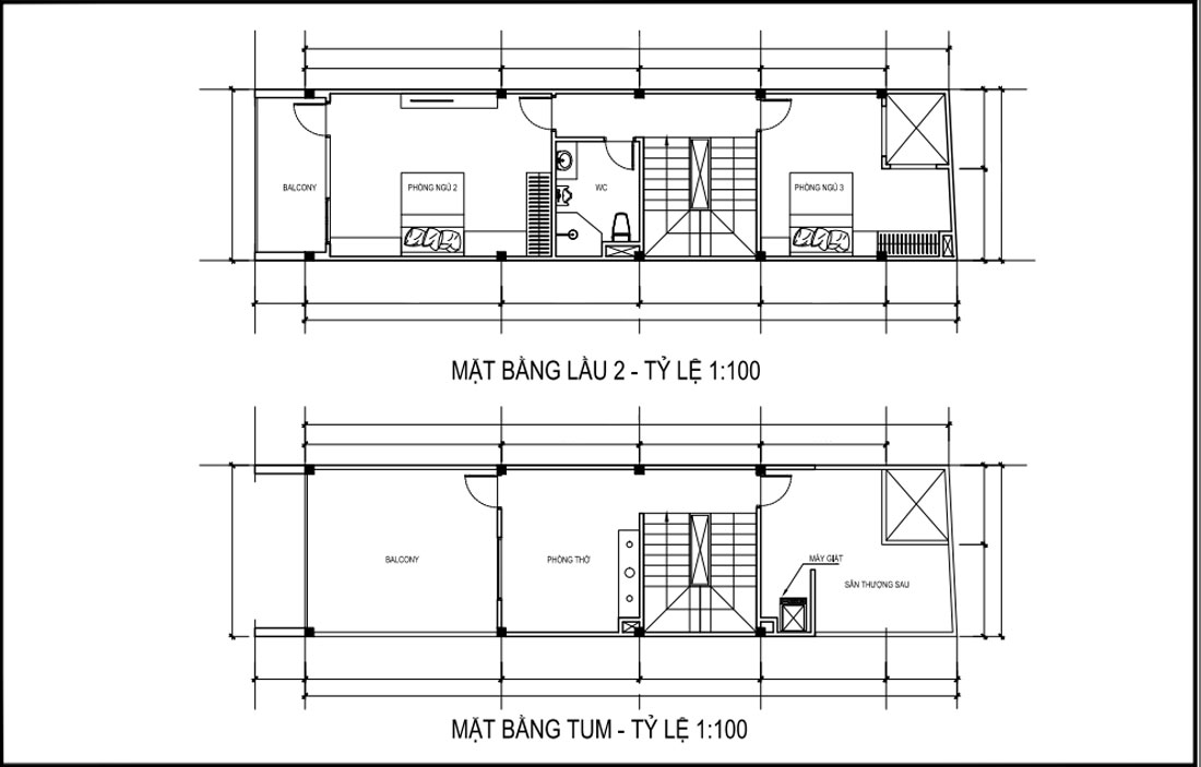 Mặt bằng lầu 2 và tầng tum cải tạo nhà phố 3 tầng mặt tiền 4m