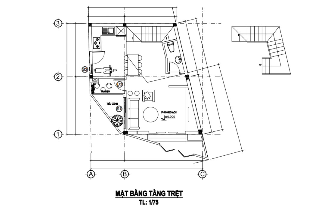 Mặt bằng tầng trệt nhà phố 2 mặt tiền 4 tầng