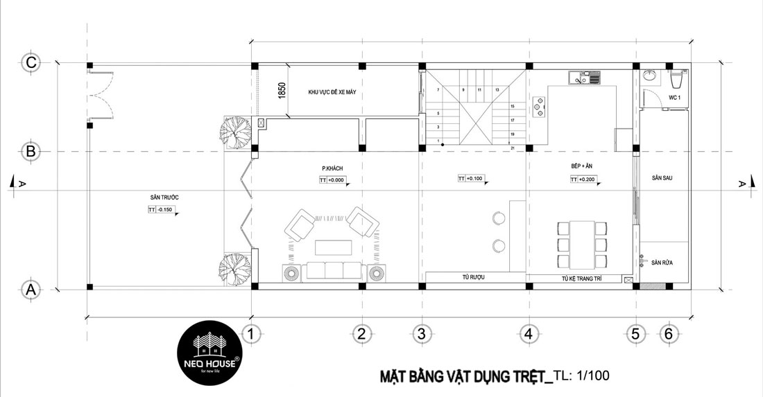 Mặt bằng tầng trệt mẫu nhà phố 3 tầng hiện đại 8x16m