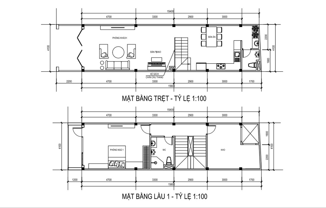 Mặt bằng tầng trệt và lầu 1 cải tạo nhà phố 3 tầng mặt tiền 4m