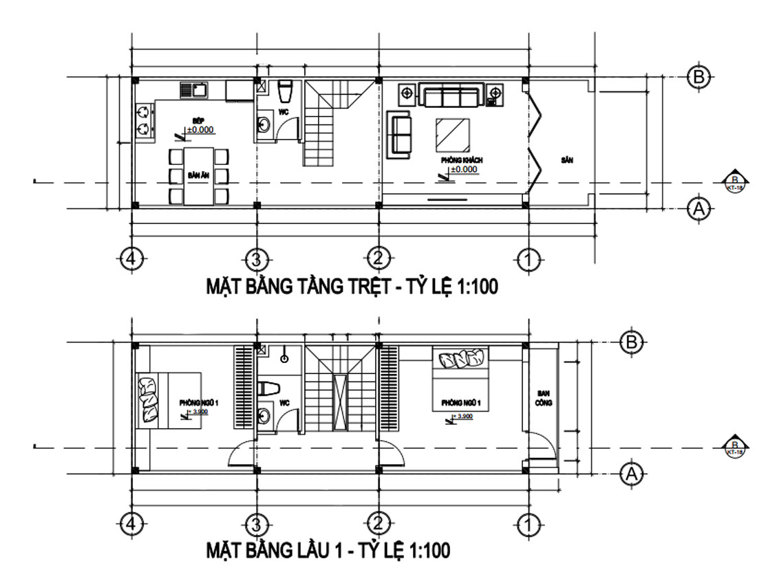 Mặt bằng công năng tầng trệt và lầu 1 nhà phố 4 tầng 80m2