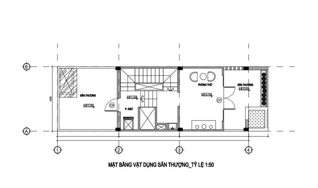 Mặt bằng sân thượng nhà phố hiện đại 3 tầng có sân thượng 4x11m