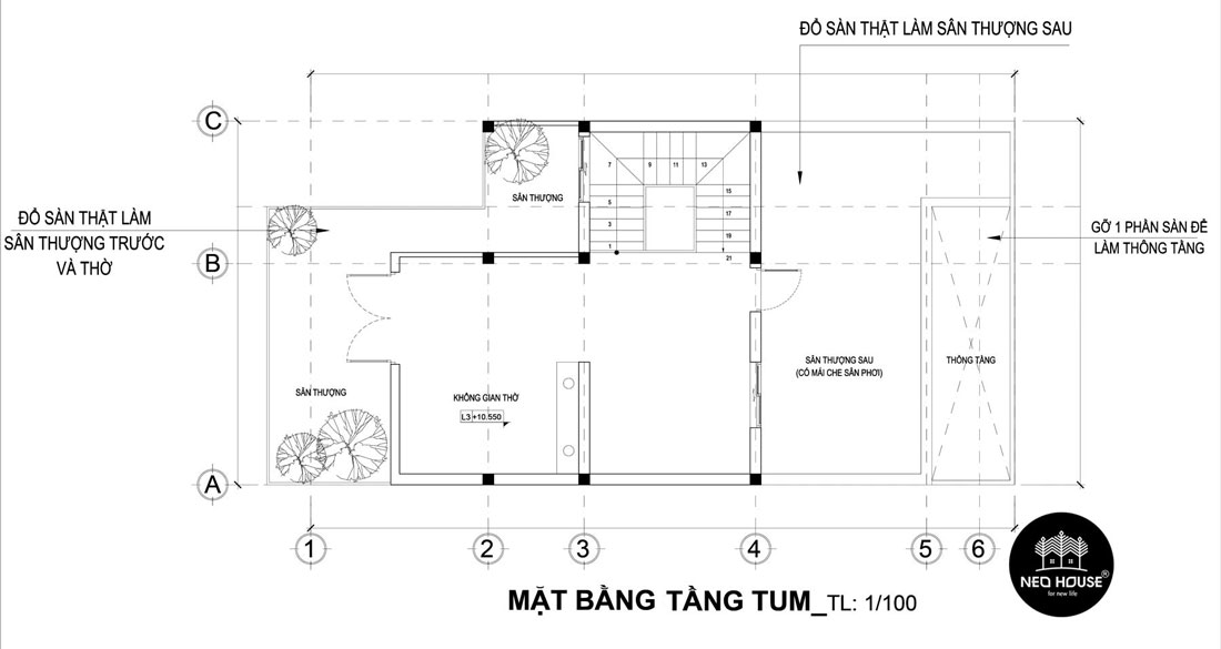 Mặt bằng tầng tum mẫu nhà phố 3 tầng hiện đại 8x16m