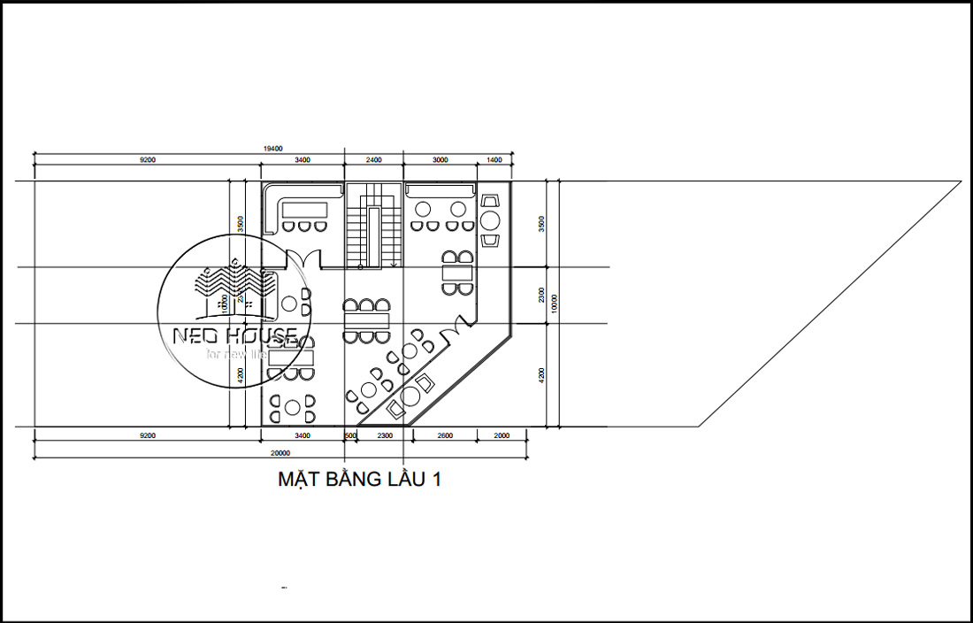 Mặt bằng lầu 1 thiết kế nội thất quán cafe sân vườn hiện đại