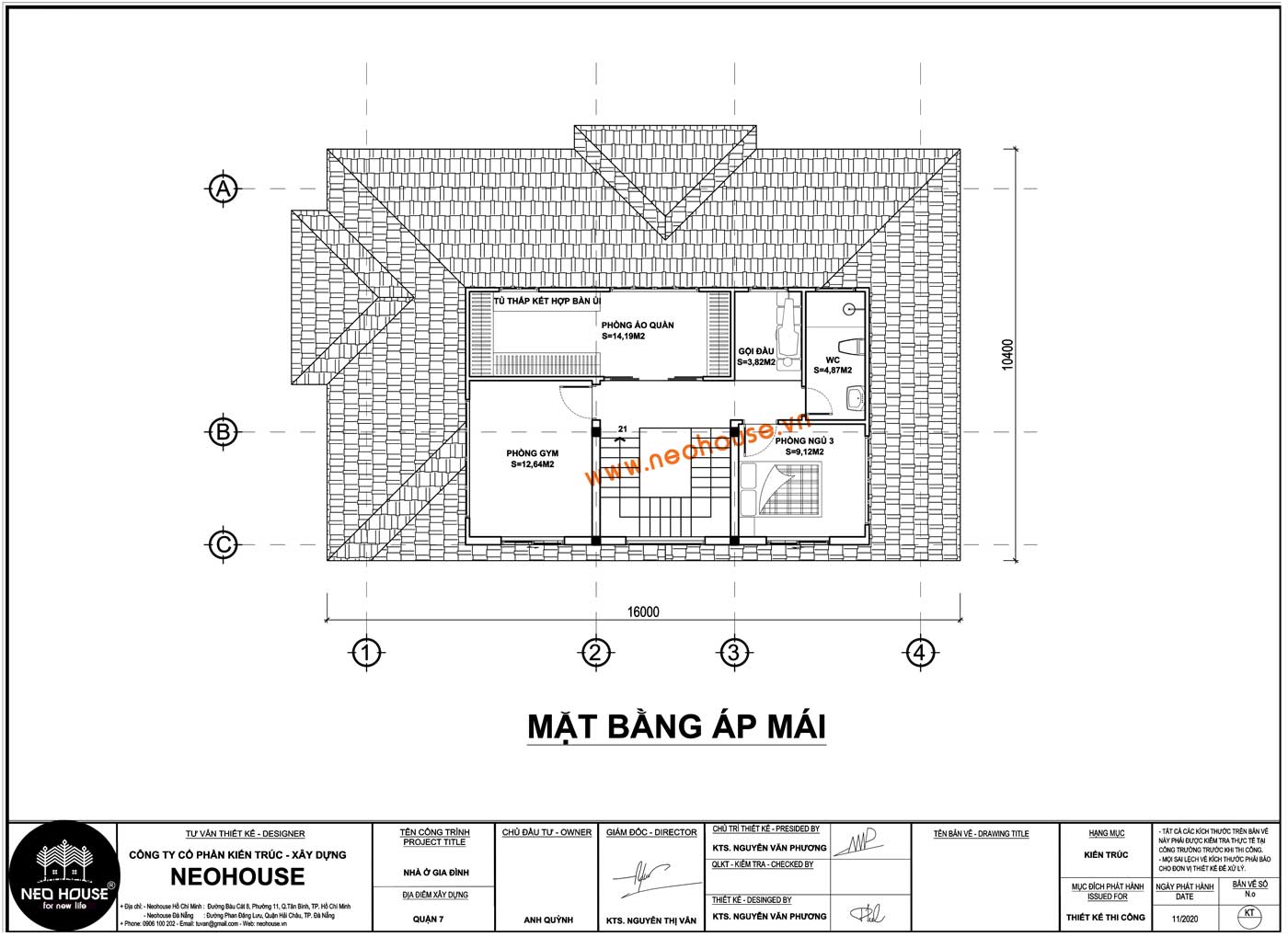 Mặt bằng tầng áp mái biệt thự mái thái 2 tầng 4 phòng ngủ