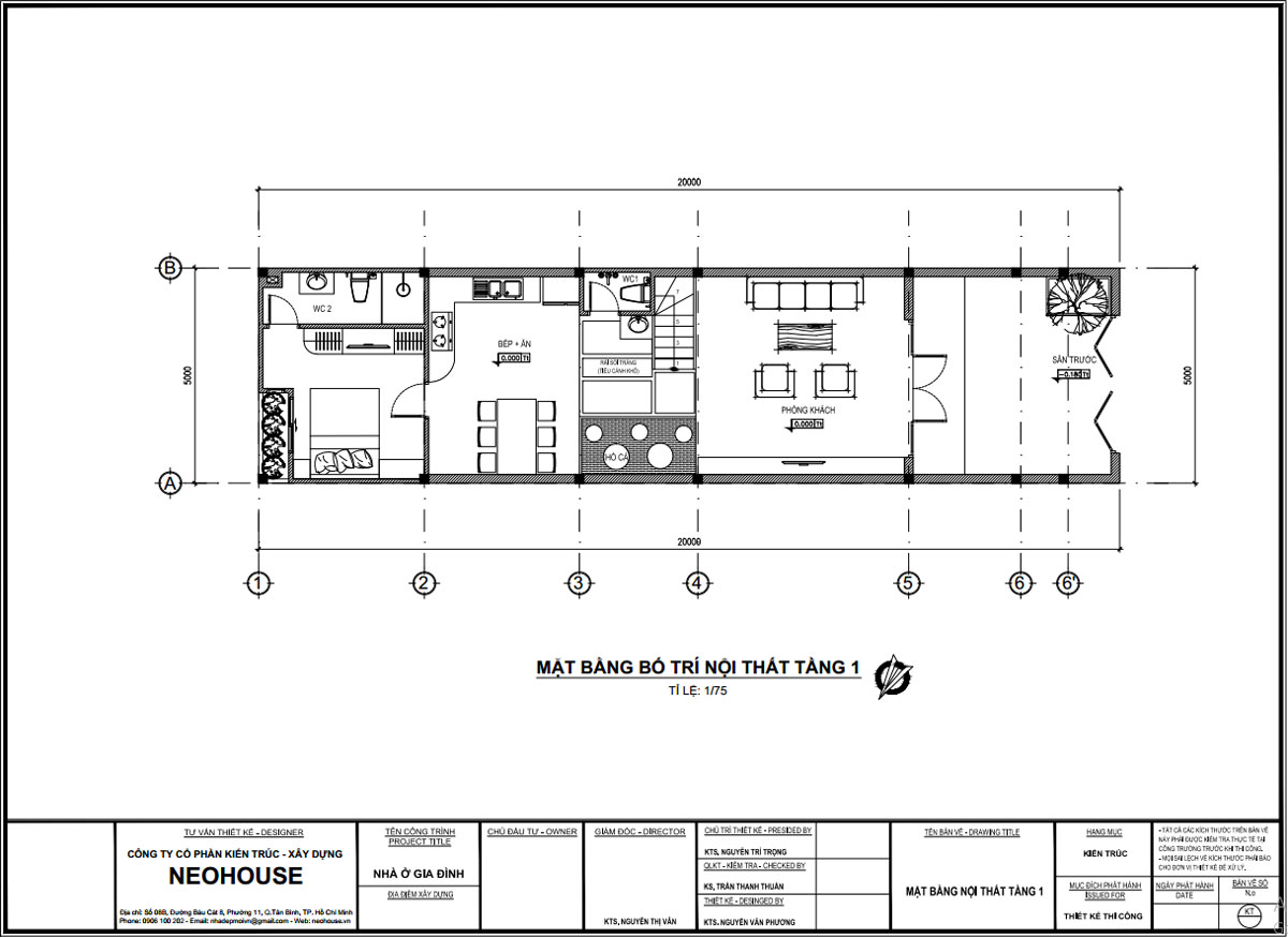 Mặt bằng công năng tầng trệt bản vẽ thiết kế nhà ống 2 tầng 5x20m