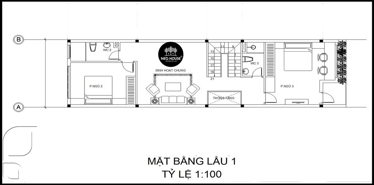 Bản vẽ thiết kế nhà ống 2 tầng 1 tum 5x20m lầu 1