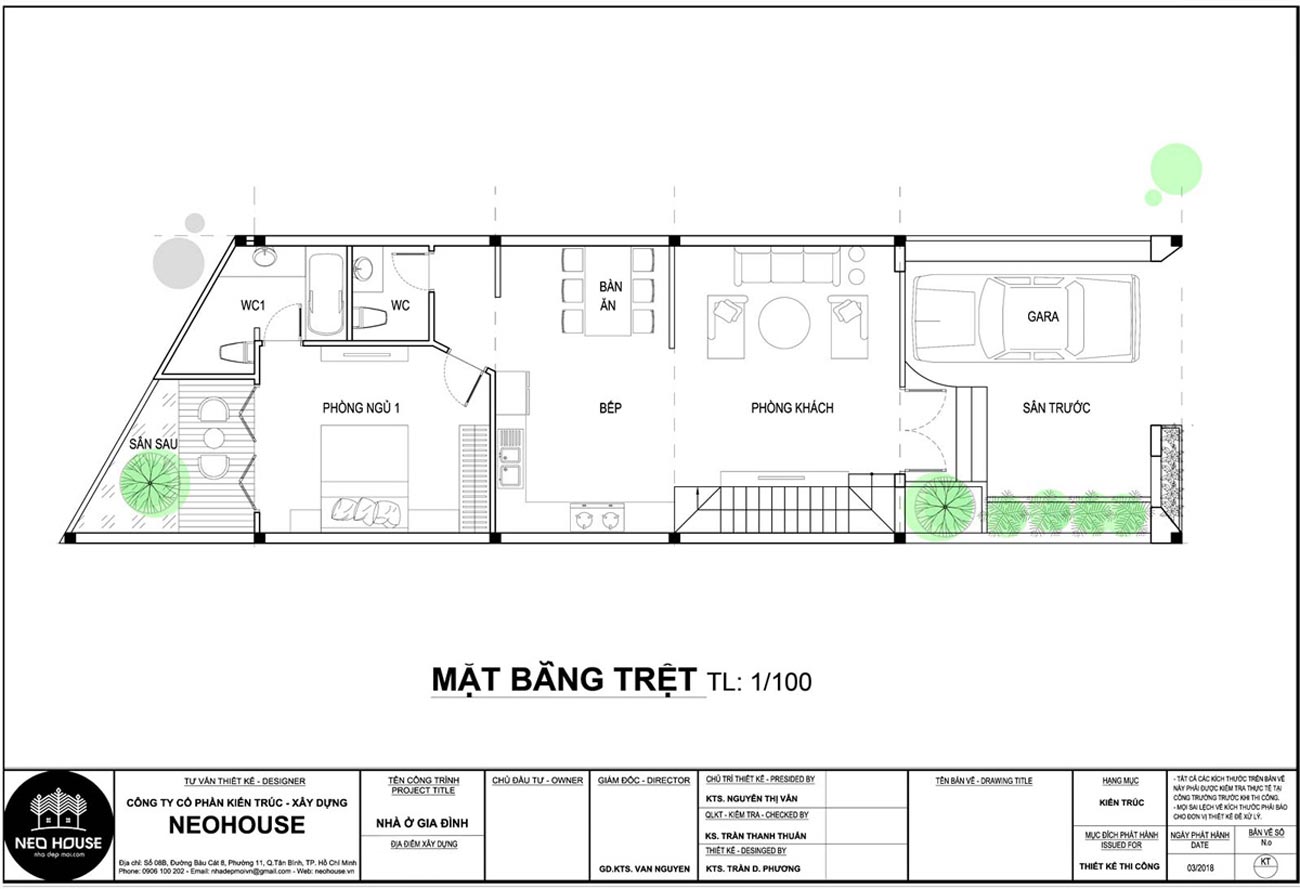 Mặt bằng công năng tầng trệt mẫu nhà ống đẹp 2 tầng 5x20m