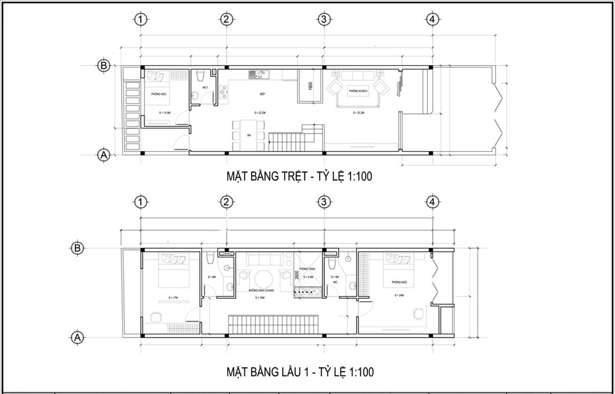 Mặt bằng tầng trệt và lầu 1 mẫu thiết kế nhà ống 3 tầng 5x20 tại Đà Nẵng