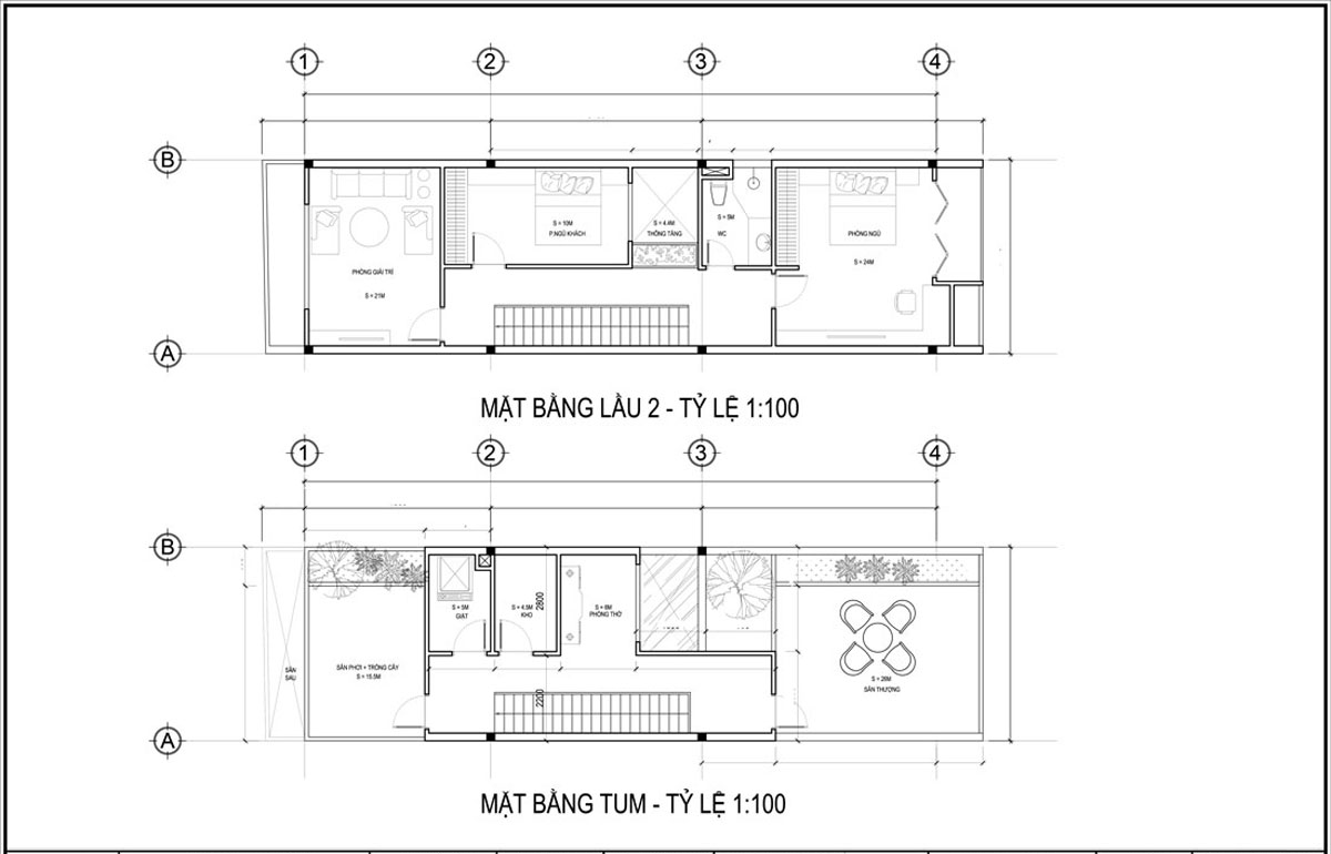 Mặt bằng lầu 2 và tầng tum mẫu thiết kế nhà ống 3 tầng 5x20 tại Đà Nẵng