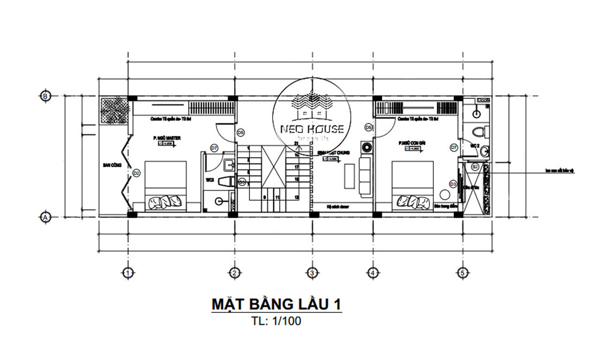 Mặt bằng lầu 1 thiết kế nhà ống 3 tầng 5x20 tại Đà Lạt