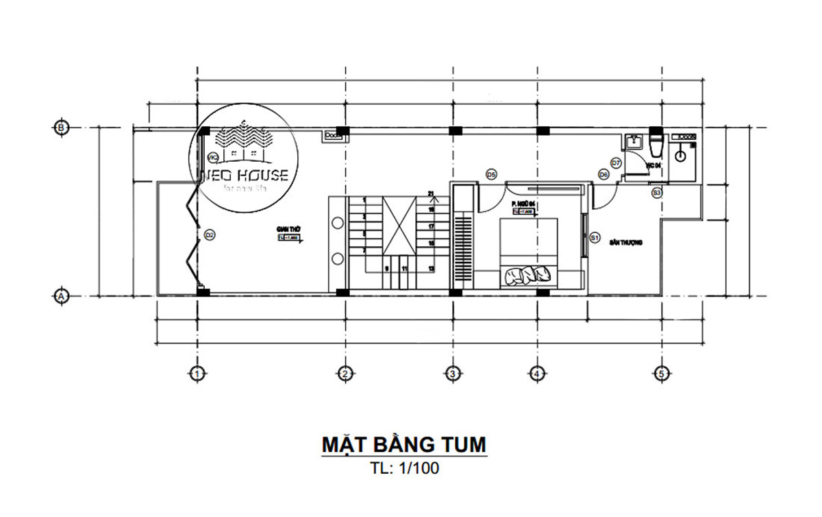 Mặt bằng tầng tum thiết kế nhà ống 3 tầng 5x20 tại Đà Lạt