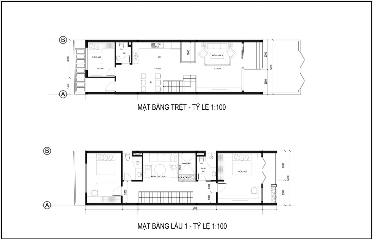 Mặt bằng tầng trệt và lầu 1 mẫu thiết kế nhà ống 3 tầng 5x20 tại HCM