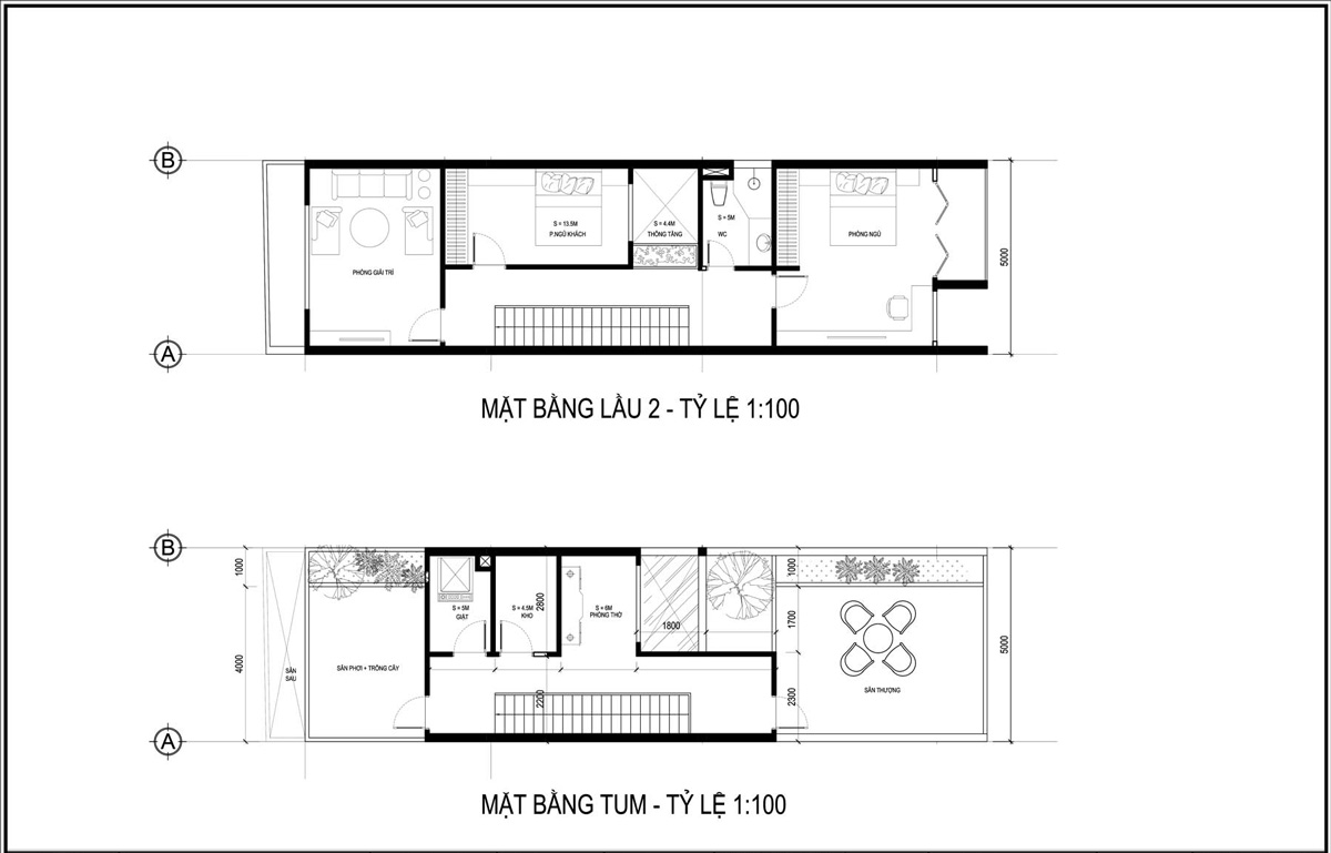 Mặt bằng lầu 2 và tầng tum mẫu thiết kế nhà ống 3 tầng 5x20 tại HCM