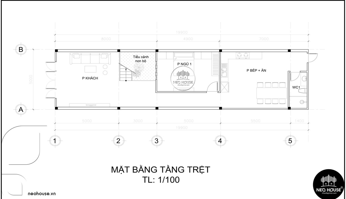 Mặt bằng tầng trệt thiết kế nhà ống 3 tầng 5x20 tân cổ điển tại Cà Mau