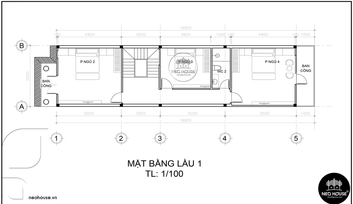 Mặt bằng lầu 1 thiết kế nhà ống 3 tầng 5x20 tân cổ điển tại Cà Mau