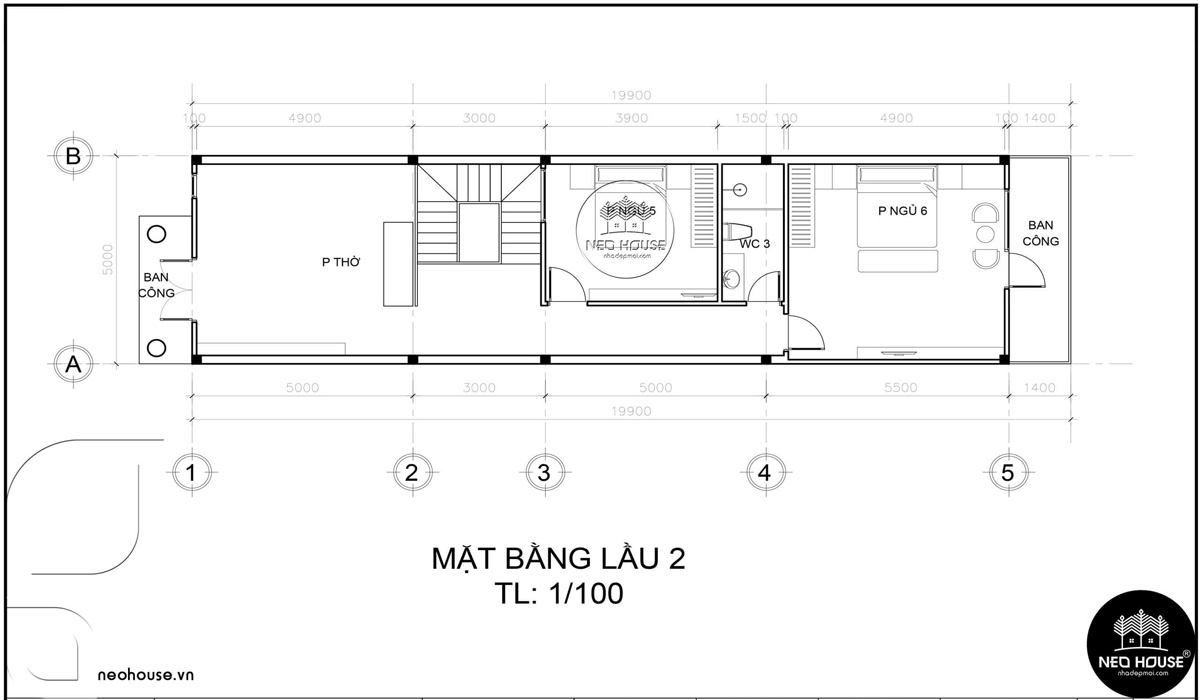 Mặt bằng lầu 2 thiết kế nhà ống 3 tầng 5x20 tân cổ điển tại Cà Mau