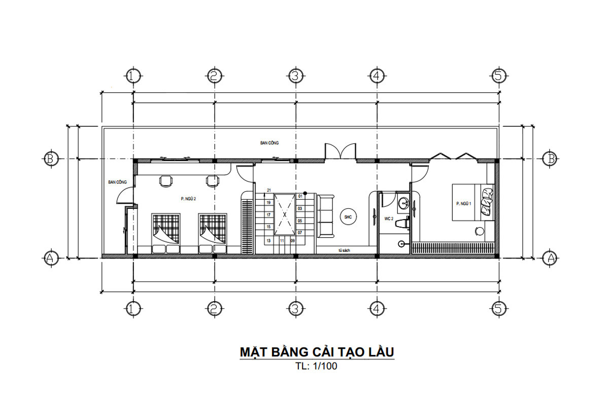 Mặt bằng lầu 1 nhà phố 5x20m 3 tầng tối giản và hiện đại