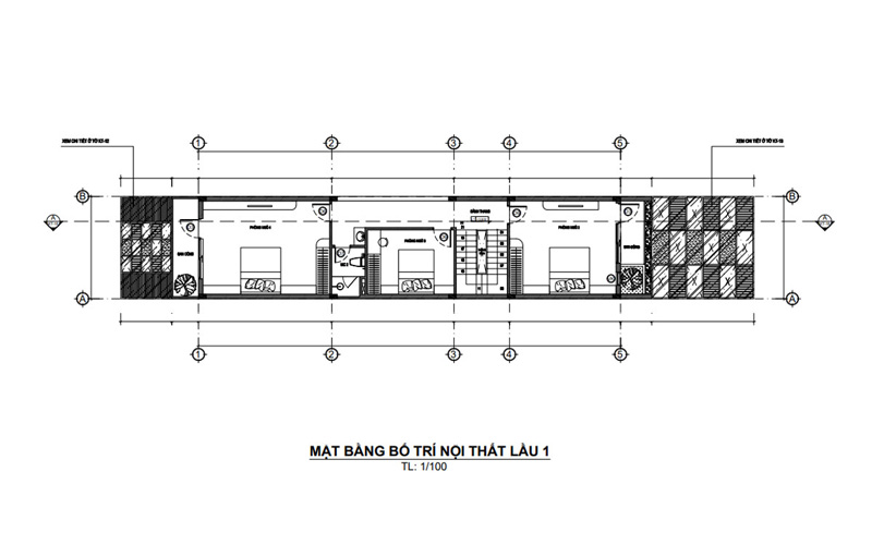 Mặt bằng lầu 1 nhà phố 5x20m 3 tầng