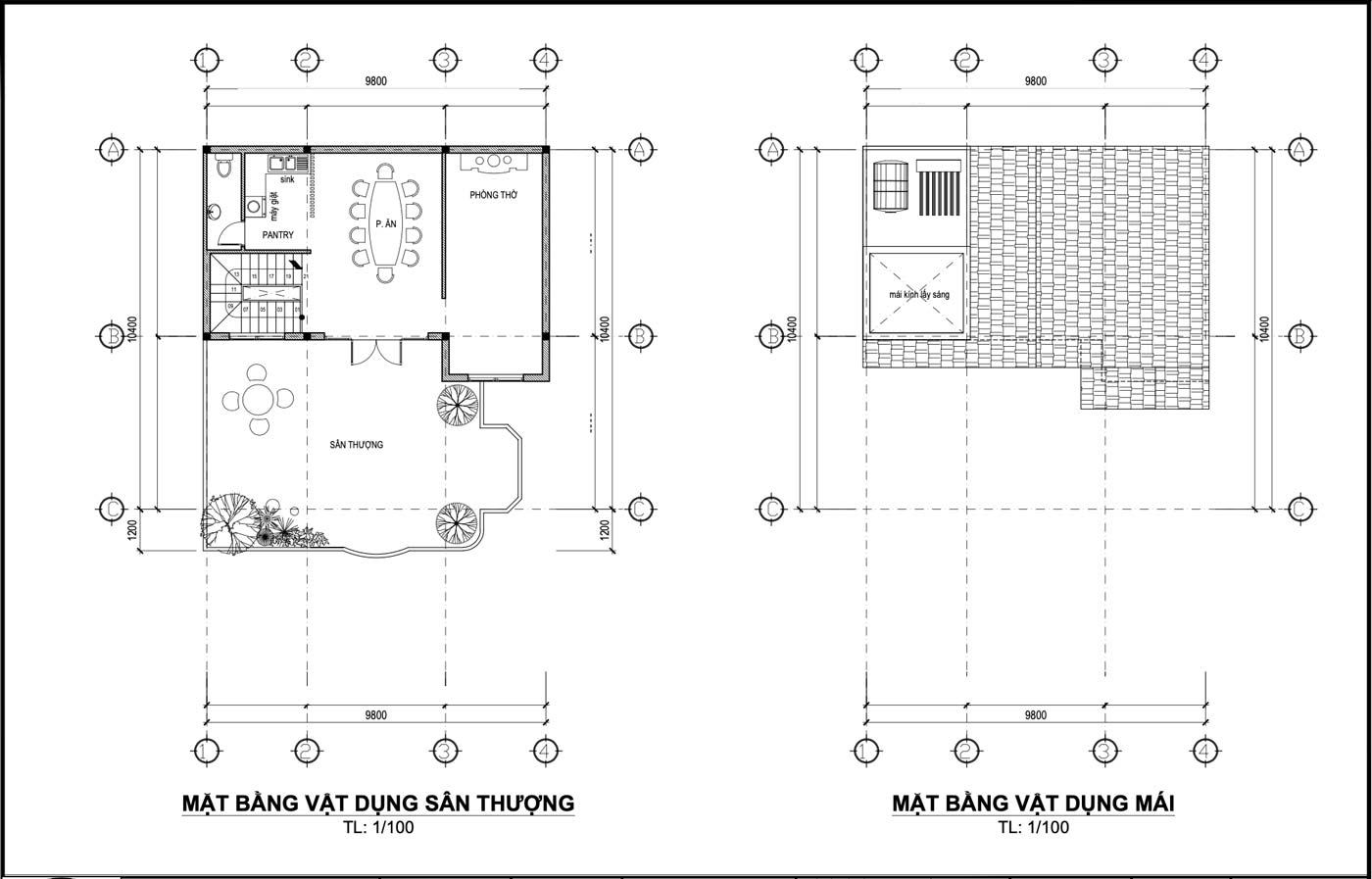 Mặt bằng tầng thượng và mặt bằng mái biệt thự phố 3 tầng 3 phòng ngủ hiện đại