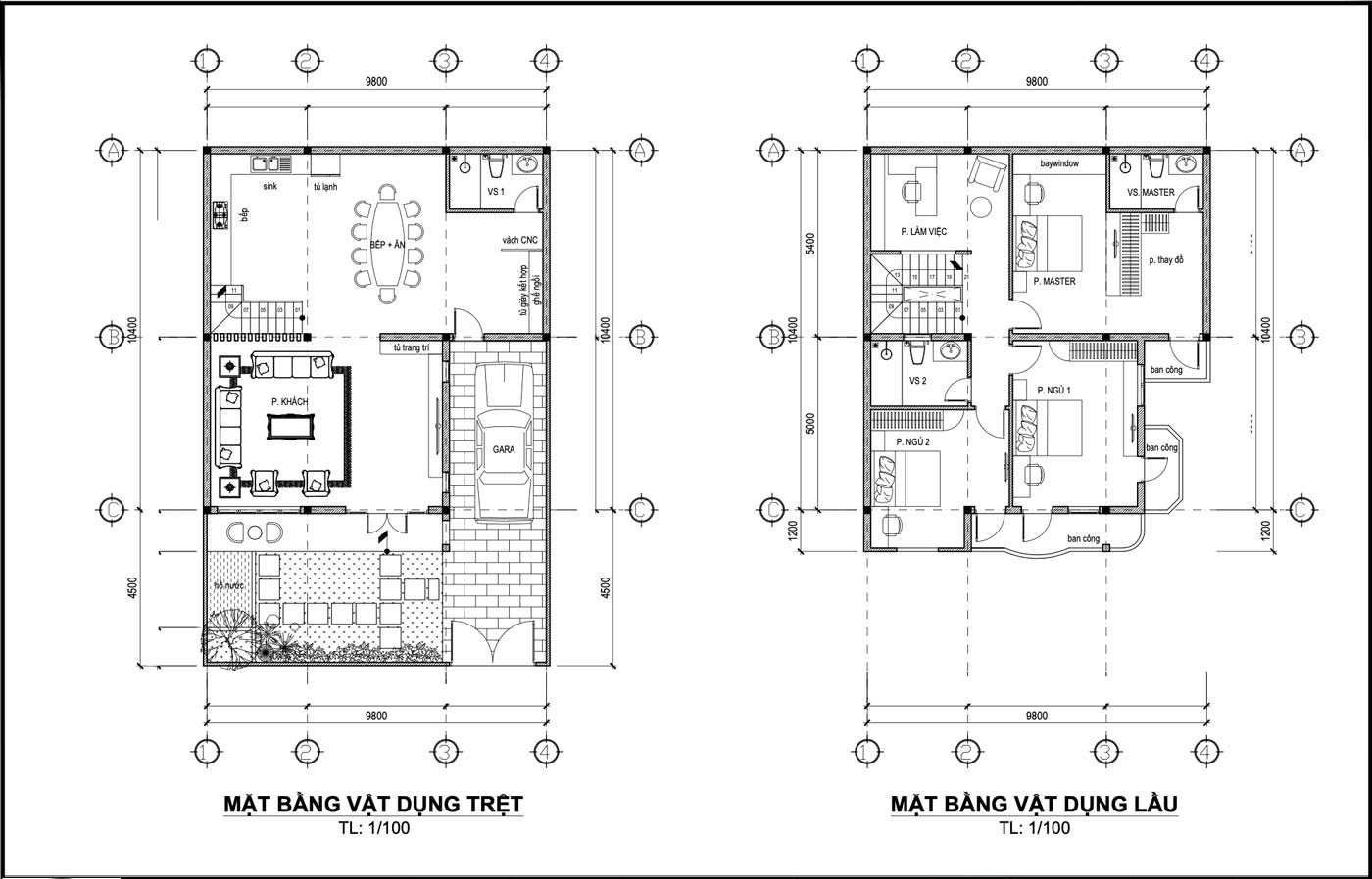 Mặt bằng tầng trệt và lầu 1 biệt thự phố 3 tầng 3 phòng ngủ hiện đại