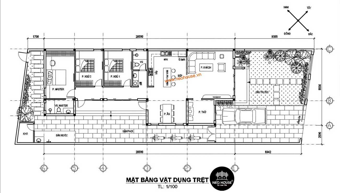 Mặt bằng công năng nhà cấp 4 mái thái mặt tiền 8m tại Bình Phước