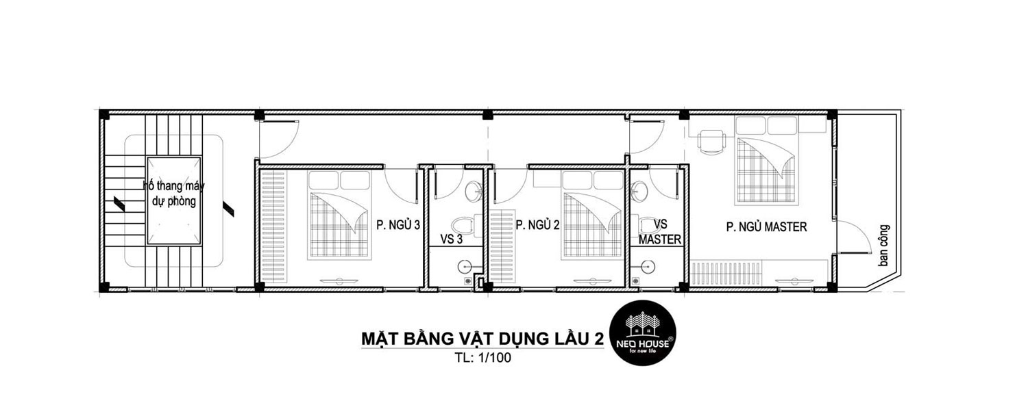 Mặt bằng lầu 2 nhà ống 4 tầng kết hợp kinh doanh