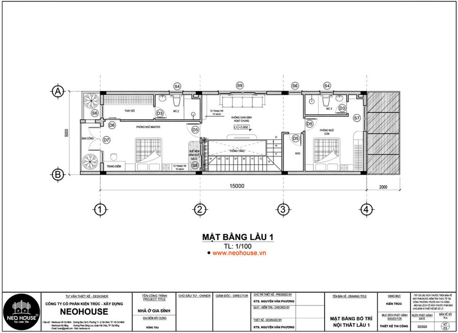 Mặt bằng lầu 1 mẫu nhà phố 5x15. Mẫu 1