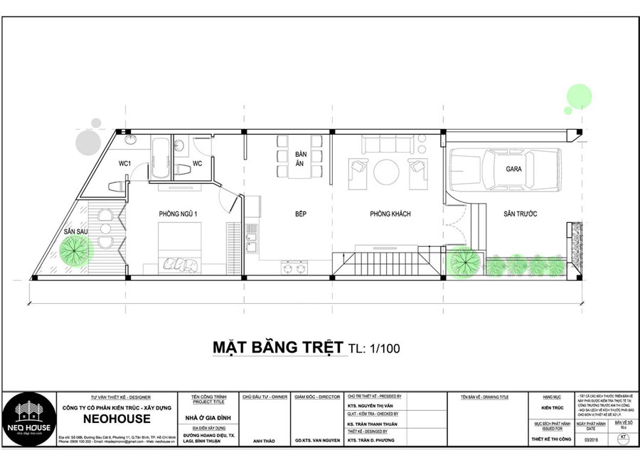 Mặt bằng tầng trệt mẫu nhà phố 5x15. Mẫu 3