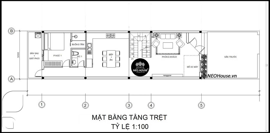 Mặt bằng tầng trệt mẫu nhà phố 5x15. Mẫu 5