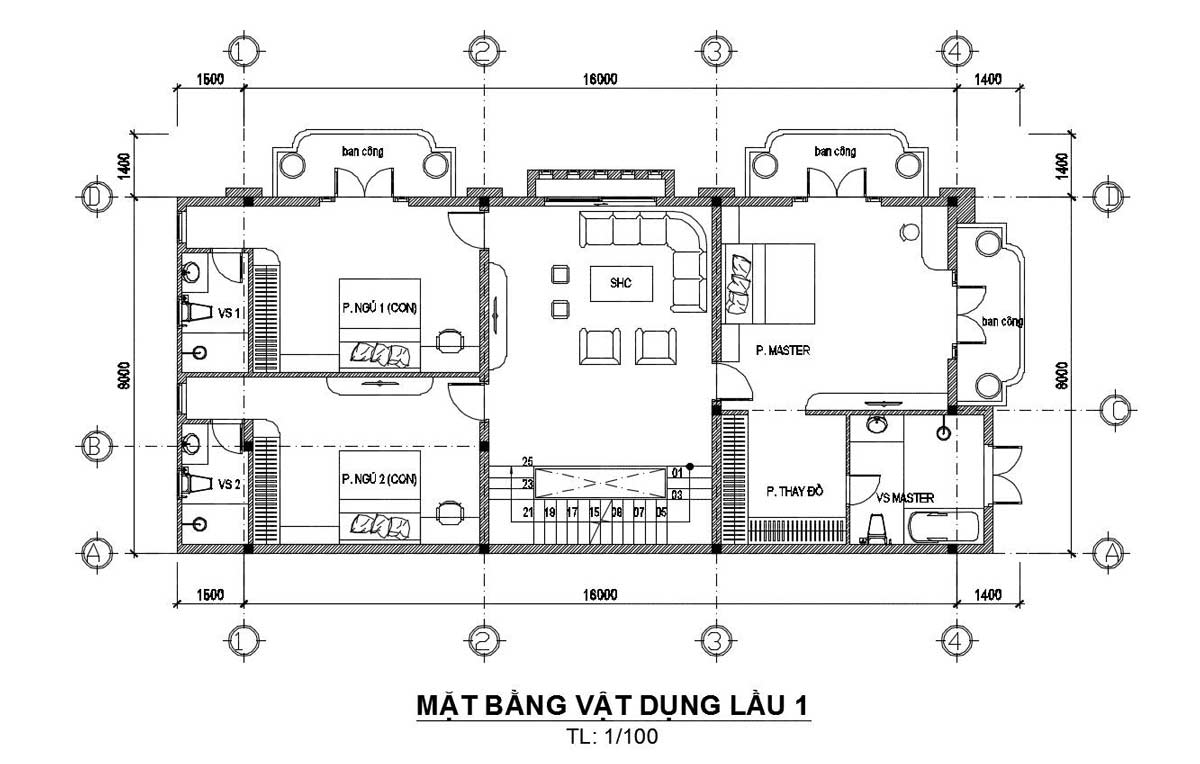 Mặt bằng lầu 1 mẫu nhà biệt thự kiểu Pháp 3 tầng