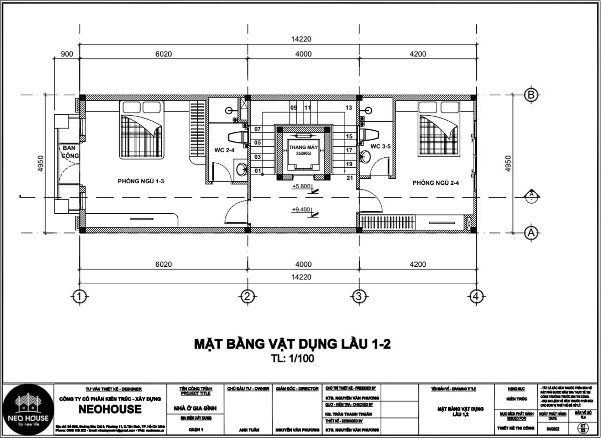 Mặt bằng lầu 1 và lầu 2 nhà ống 5 tầng 1 tum tân cổ điển